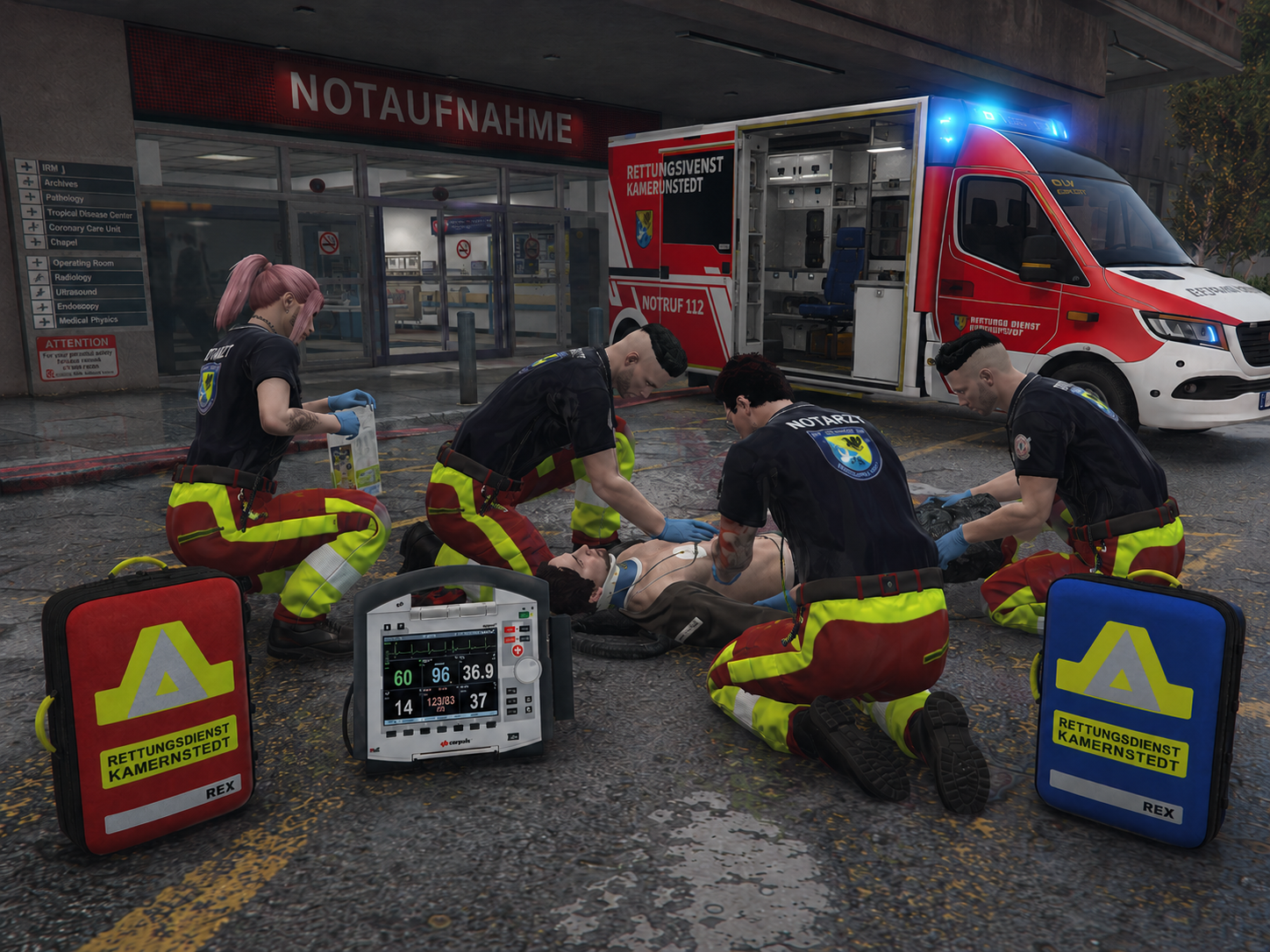 Einsatzteam und Ausstattung des Rettungsdienstes
